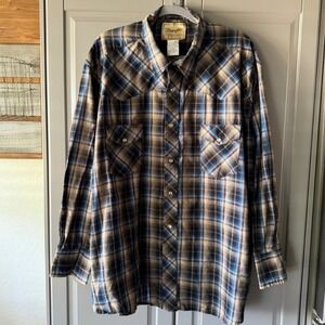 Wrangler Western Plaid Single Stitch Snap Long Sleeve Shirt,Blue Tan,3XL